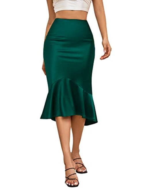 ALCEA ROSEA Women High Waist Satin Skirt Fishtail Silky Skirts Bodycon Stretchy Mermaid Pencil Midi Skirt