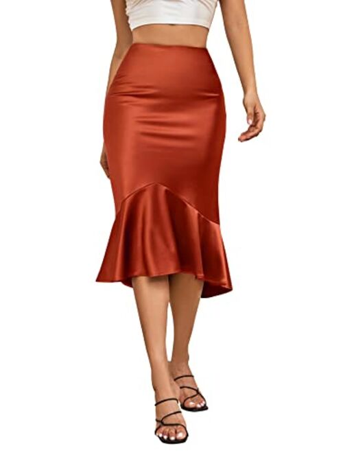 ALCEA ROSEA Women High Waist Satin Skirt Fishtail Silky Skirts Bodycon Stretchy Mermaid Pencil Midi Skirt