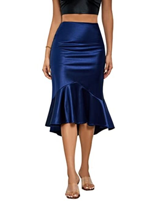 ALCEA ROSEA Women High Waist Satin Skirt Fishtail Silky Skirts Bodycon Stretchy Mermaid Pencil Midi Skirt