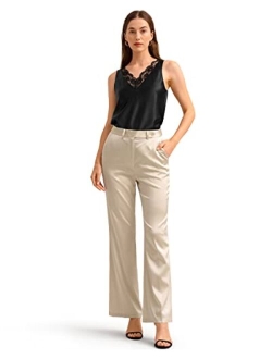 Women's Silk Pants for Work Bootcut High Waisted Trousers 22 Momme Wide Leg Long Pants Comfort Slim Fit