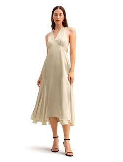 Womens Silk Dress 22 Momme Sleeveless Maxi Midi Dress with Halter Neck and Chiffon Hem