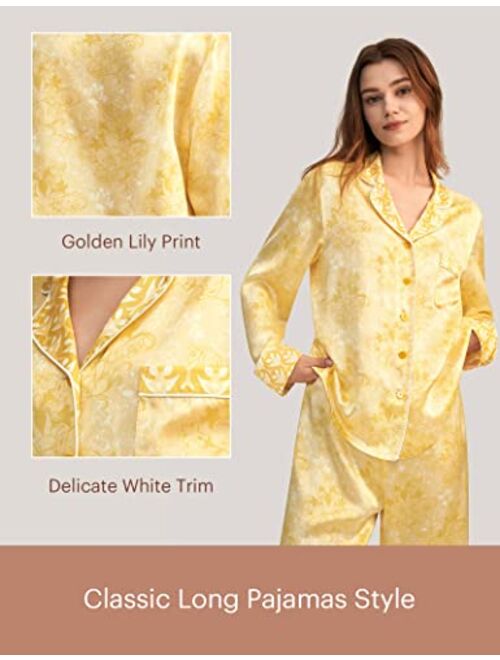 LilySilk Silk Pajama Set for Women 19 Momme Golden Lily Printed Silk 2 Piece PJ Set