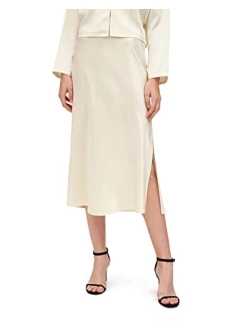 Womens Silk Skirt with Slit 22 Momme Smooth Midi Skirt for Spring Summer