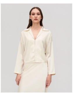 100% Mulberry Silk Shirt 22 Momme Women Elegant Sexy Plain Blouse with Long Sleeve and V Neck