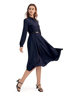 100% Silk Dress Retro Silk Maxi Shirt Dress with Utility Pockets & Metal Buckle Belt Causal