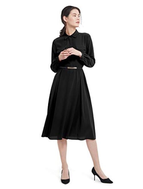 LilySilk 100% Silk Dress Retro Silk Maxi Shirt Dress with Utility Pockets & Metal Buckle Belt Causal