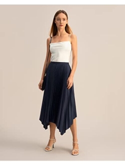 Plisse Pleated Handkerchief Maxi Skirt Flowy Flare Irregular Hem Elastic Waist Midi A Line Soft