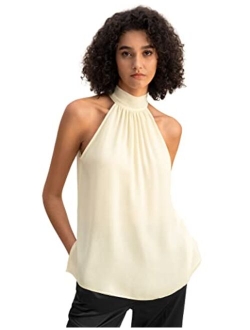 Womens Pure Silk Blouse Ladies Elegant Georgette Sleeveless Halter Neck Top for Spring Summer Work Casual Party