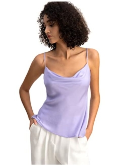 Silk Camisole for Women with Cowl Neck & Adjustable Spaghetti Straps, Highly Stretchable Silk Tank Top