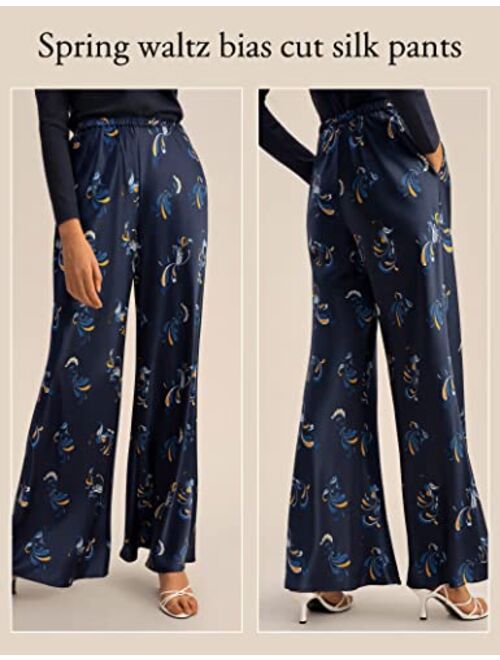 LilySilk Spring Waltz Bias Cut Pants Ptinted Wide Leg Casual Trousers for Women Classic Paisley Soft Lightweight Pants