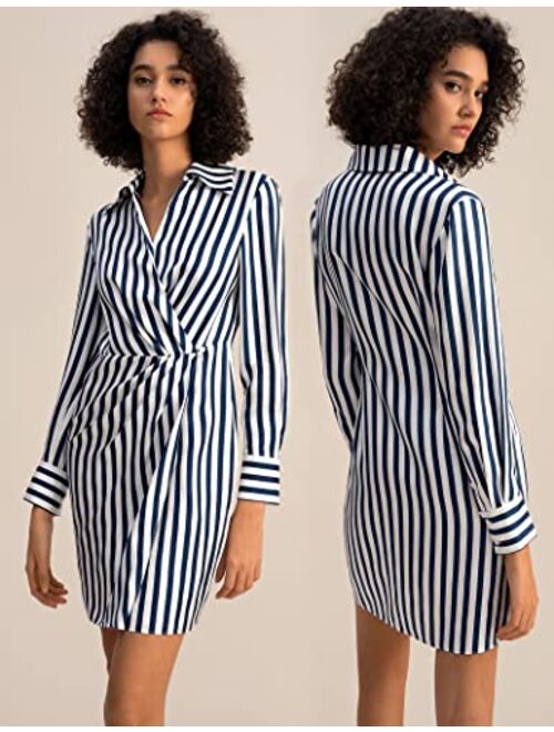 LilySilk Palma Silk Shirtdress for Women Long Sleeve Deep Neck Wrap Dresses Woman Semi-Formal Blue-White-Pinstripes