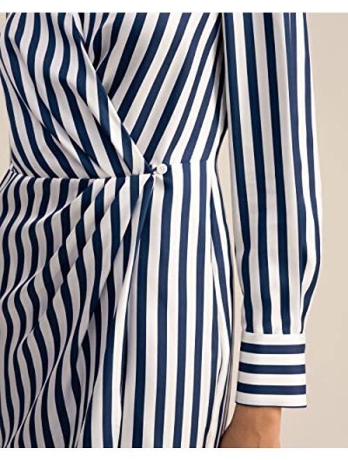 LilySilk Palma Silk Shirtdress for Women Long Sleeve Deep Neck Wrap Dresses Woman Semi-Formal Blue-White-Pinstripes