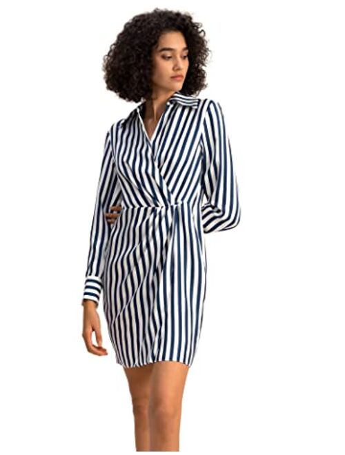 LilySilk Palma Silk Shirtdress for Women Long Sleeve Deep Neck Wrap Dresses Woman Semi-Formal Blue-White-Pinstripes