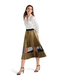 X MIM Women's Plisse Pleated Silk Skirts with Mesh Insert Elastic High Waist Casual Skirt