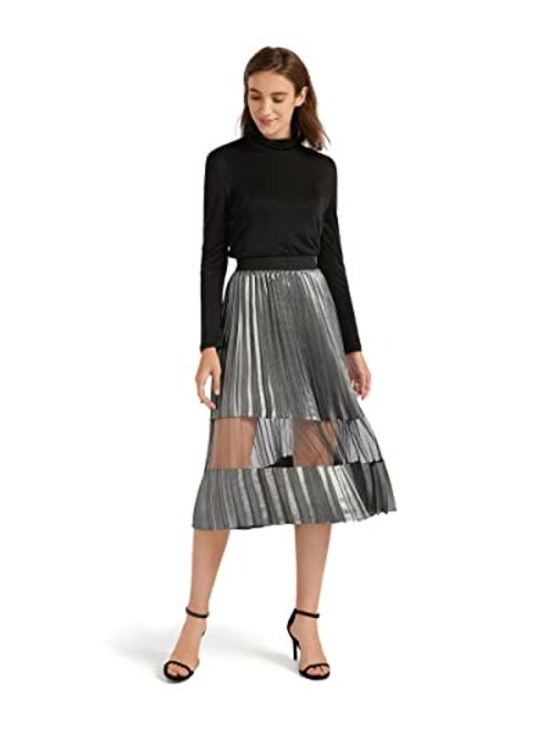 LilySilk X MIM Women's Plisse Pleated Silk Skirts with Mesh Insert Elastic High Waist Casual Skirt