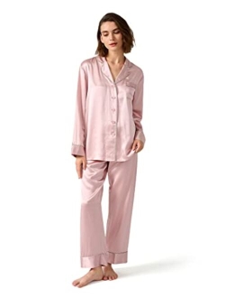 Women's Silk Pajamas Set Rhinestone Trimmed Long Sleeve Sleepwear 22 Momme 100% Silk Button Down Loungewear Pjs Set