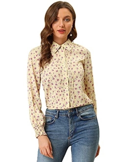 Women's Casual Point Collar Long Sleeve Blouse Floral Button Down Shirt