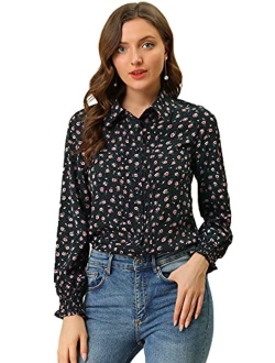 Women's Casual Point Collar Long Sleeve Blouse Floral Button Down Shirt