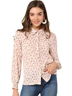 Women's Casual Point Collar Long Sleeve Blouse Floral Button Down Shirt