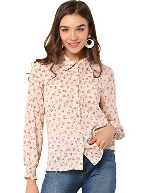 Allegra K Women's Casual Point Collar Long Sleeve Blouse Floral Button Down Shirt