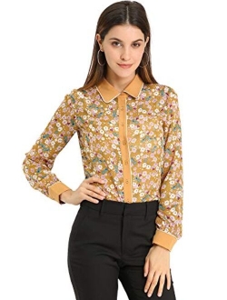 Women's Button Down Shirt Long Sleeve Contrast Collar Floral Blouse Top