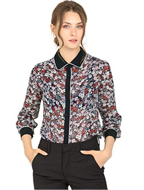 Allegra K Women's Button Down Shirt Long Sleeve Contrast Collar Floral Blouse Top