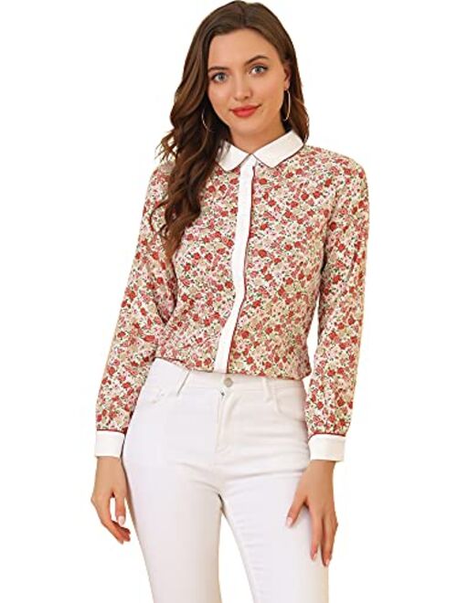 Allegra K Women's Button Down Shirt Long Sleeve Contrast Collar Floral Blouse Top