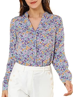 Women's Chiffon Floral Tops V Neck Long Sleeve Button-Up Blouse Shirt