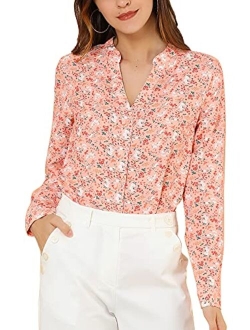 Women's Chiffon Floral Tops V Neck Long Sleeve Button-Up Blouse Shirt