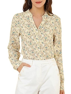 Women's Chiffon Floral Tops V Neck Long Sleeve Button-Up Blouse Shirt