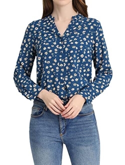 Women's Chiffon Floral Tops V Neck Long Sleeve Button-Up Blouse Shirt