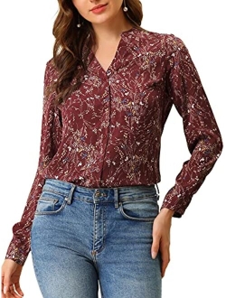 Women's Chiffon Floral Tops V Neck Long Sleeve Button-Up Blouse Shirt