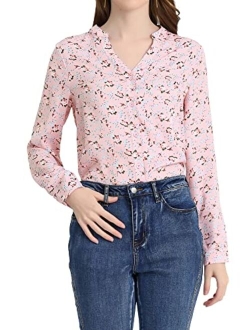 Women's Chiffon Floral Tops V Neck Long Sleeve Button-Up Blouse Shirt