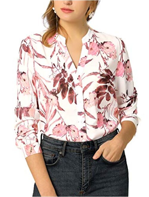 Allegra K Women's Chiffon Floral Tops V Neck Long Sleeve Button-Up Blouse Shirt