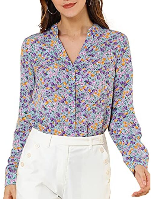 Allegra K Women's Chiffon Floral Tops V Neck Long Sleeve Button-Up Blouse Shirt