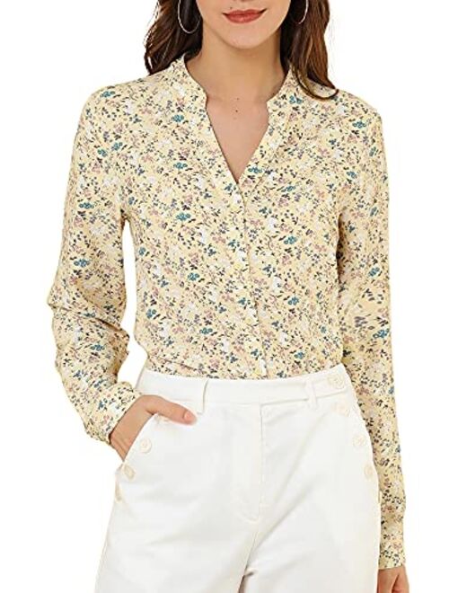 Allegra K Women's Chiffon Floral Tops V Neck Long Sleeve Button-Up Blouse Shirt