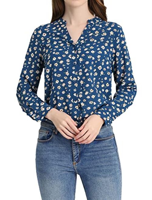 Allegra K Women's Chiffon Floral Tops V Neck Long Sleeve Button-Up Blouse Shirt