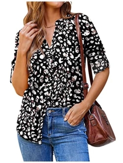 SoTeer Women Button Down Business Work Blouses Tops Dressy Casual Chiffon Long Cuffed Sleeve Floral V Neck Tunic Shirts