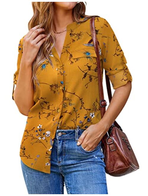 SoTeer Women Button Down Business Work Blouses Tops Dressy Casual Chiffon Long Cuffed Sleeve Floral V Neck Tunic Shirts