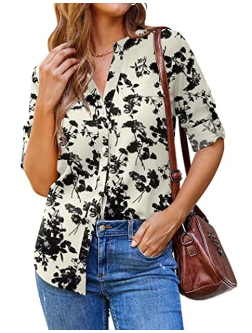 SoTeer Women Button Down Business Work Blouses Tops Dressy Casual Chiffon Long Cuffed Sleeve Floral V Neck Tunic Shirts