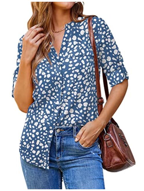 SoTeer Women Button Down Business Work Blouses Tops Dressy Casual Chiffon Long Cuffed Sleeve Floral V Neck Tunic Shirts