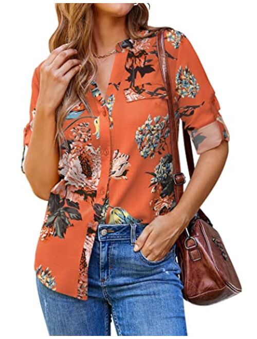 SoTeer Women Button Down Business Work Blouses Tops Dressy Casual Chiffon Long Cuffed Sleeve Floral V Neck Tunic Shirts