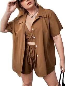 Women's Plus Size Casual 2 Piece Outfits Long Sleeve Button Down Blouse and Shorts Set