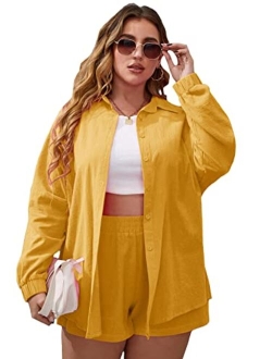 Women's Plus Size Casual 2 Piece Outfits Long Sleeve Button Down Blouse and Shorts Set