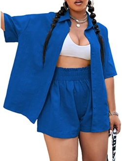 Women's Plus Size Casual 2 Piece Outfits Long Sleeve Button Down Blouse and Shorts Set