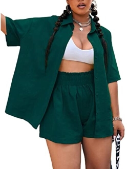 Women's Plus Size Casual 2 Piece Outfits Long Sleeve Button Down Blouse and Shorts Set