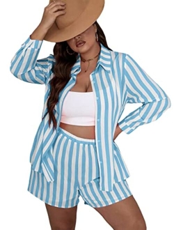 Women's Plus Size Casual 2 Piece Outfits Long Sleeve Button Down Blouse and Shorts Set