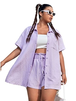 Women's Plus Size Casual 2 Piece Outfits Long Sleeve Button Down Blouse and Shorts Set