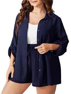 Women's Plus Size Casual 2 Piece Outfits Long Sleeve Button Down Blouse and Shorts Set