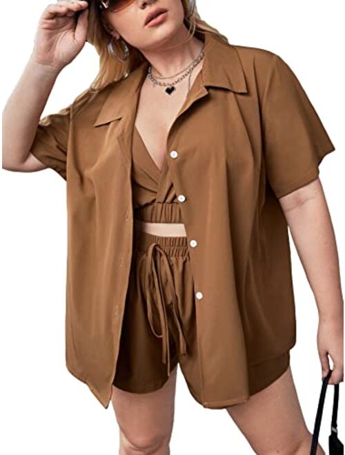 MakeMeChic Women's Plus Size Casual 2 Piece Outfits Long Sleeve Button Down Blouse and Shorts Set